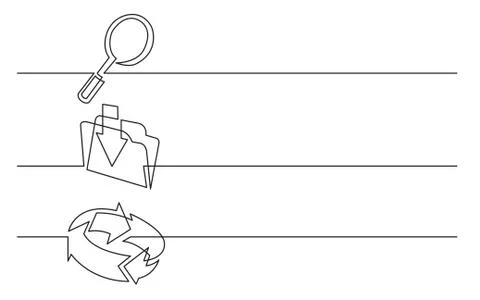 Banner design - continuous line drawing of business icons: looking glass, upl Illustrazione stock