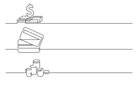 Banner design - continuous line drawing of business icons: dollar sign, credi Stock Illustration