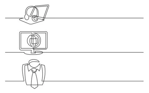 Banner design - continuous line drawing of business icons: headphones with la Stock Illustration