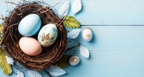 A banner design featuring Easter eggs and feathers placed in a nest on a bl.. Ilustração Stock