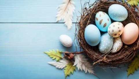 A banner design featuring Easter eggs and feathers placed in a nest on a bl.. Ilustração Stock