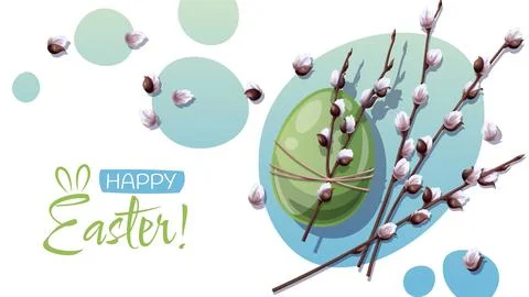 Banner Design with a Green Easter Egg Decorated with a Fluffy Willow Branch.  Stock Illustration
