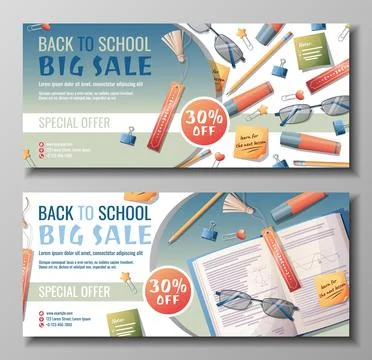 Banner design set with diary, pencil case, pen and paper clips scattered on t Stock Illustration