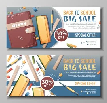Banner design set with diary, pencil case, pen and paper clips scattered on.. Stock Illustration
