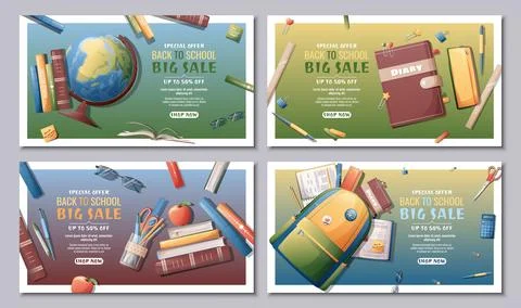 Banner design set with textbooks, backpack, globe, books, stationery. Schoo.. Stock Illustration