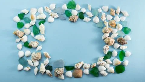 Banner Different sea shells on gray background Top view flat lay Stock Photos