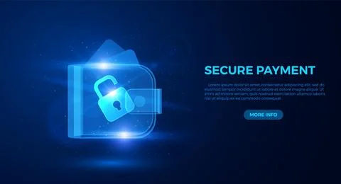 Banner with a digital wallet with a secure lock, neon blue, glowing effect Stock Illustration