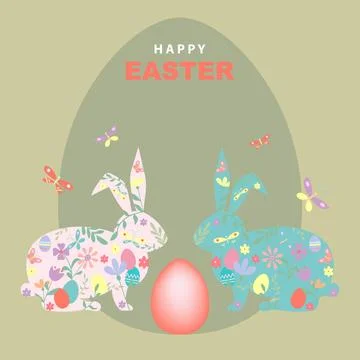 Banner of Easter bunny, hand drawn flat design Happy Easter flowers Stock Illustration