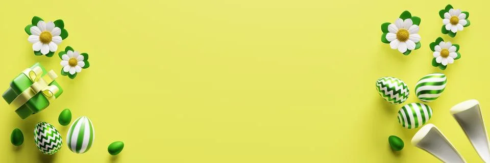 Banner with Easter decor. Yellow background 3d rendering. Illustrazione stock