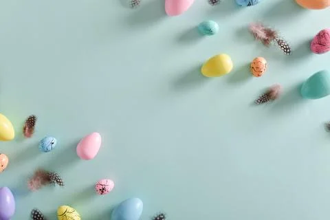 Banner for Easter. Festive background. Copy space. Flat lay, top view. Foto stock