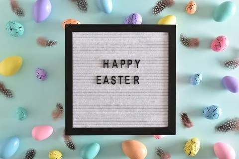 Banner for Easter. Festive background. Copy space. Flat lay, top view. Stock Photos