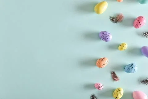 Banner for Easter. Festive background. Copy space. Flat lay, top view. Fotos de archivo