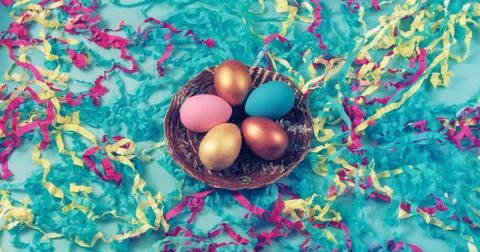 Banner Easter set of colored eggs on bright blue background Easter holiday de Stock Photos