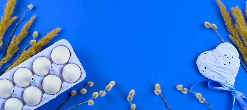 Banner Easter set gift box with branches catkins White egg. Stock Photos