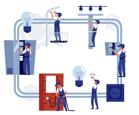 Banner for electric services with workers flat vector illustration isolated. Stock Illustration