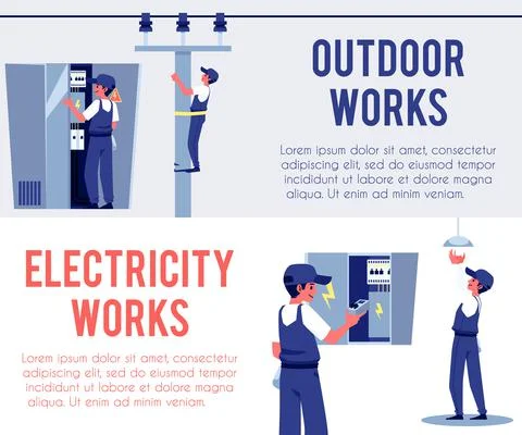 Banner for electrical works inside and outside, flat vector illustration. Stock Illustration