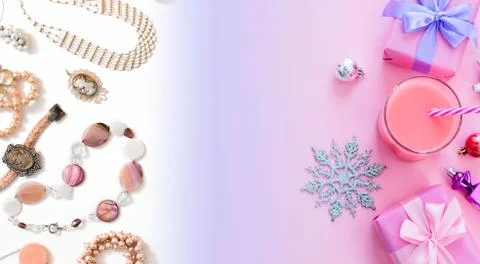 Banner Festive background for text composition flat lay Christmas items gift  Stock Photos
