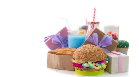Banner Festive composition drinks snacks holiday hamburger cookie tinsel conf Stock Photos