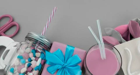Banner Festive composition set of gift boxes with balls candy cocktail materi Stock Photos