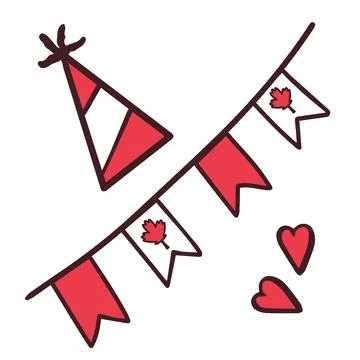 Banner with flags and a festive hat for Canada Day. Maple leaf as a symbol Stock Illustration