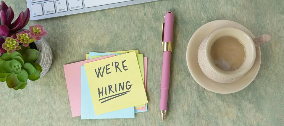 Banner with flat lay on desktop with notes with the words you are taken We're Stock Photos