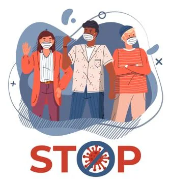 Banner in flat style, stop spreading virus, cartoon characters in face medical Stock Illustration