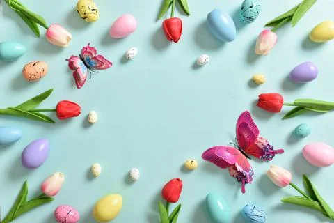 Banner frame for Easter holiday. Flat lay, top view. Stock Photos