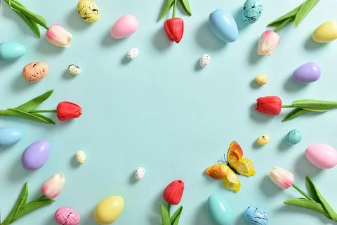 Banner frame for Easter holiday. A place to copy. Flat position, top view Stock Photos