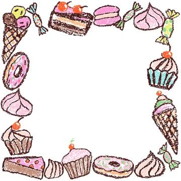 Banner, frame or border with doodle hand drawn sweet food. Crayon, pencil Illustrazione stock
