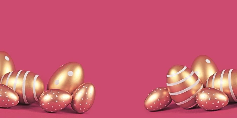 Banner with golden Easter eggs with simple stripe and dot pattern on pink 写真素材