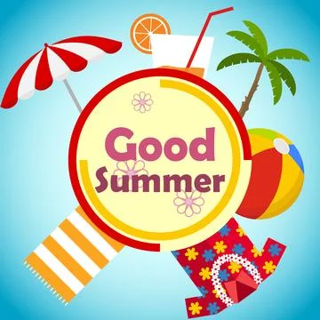 Banner of a good summer. Summer time. Palm, a glass of juice, a towel Stock Illustration