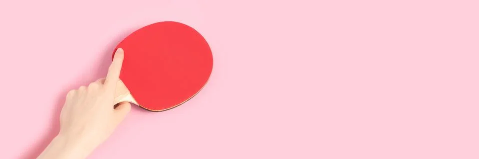 Banner with hand hold racket for ping pong. Stock Photos