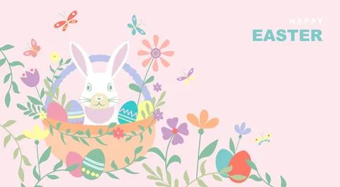 Banner of Happy Easter basket, hand drawn flat design with bunnie, flowers Stock Illustration