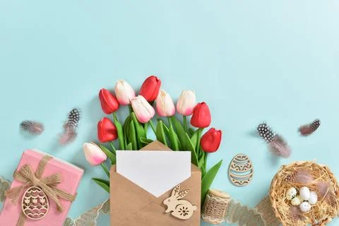 Banner for happy Easter. Space for copying. Flat position, top view. Stock Photos