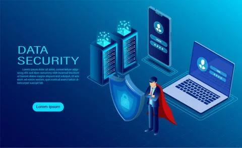 Banner with hero protect data and confidentiality on computer and mobile. dat 库存插图