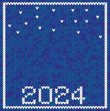 Banner with a knitted pattern and happy 2024 on a blue background. Stock Illustration