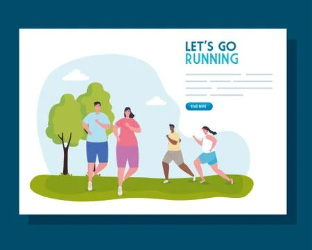 Banner lets go running, group people running outdoor Illustrazione stock