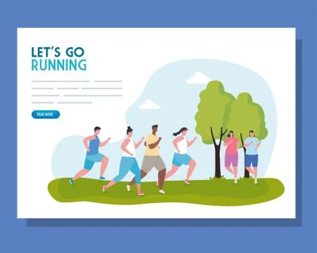 Banner lets go running, group people running outdoor Illustrazione stock