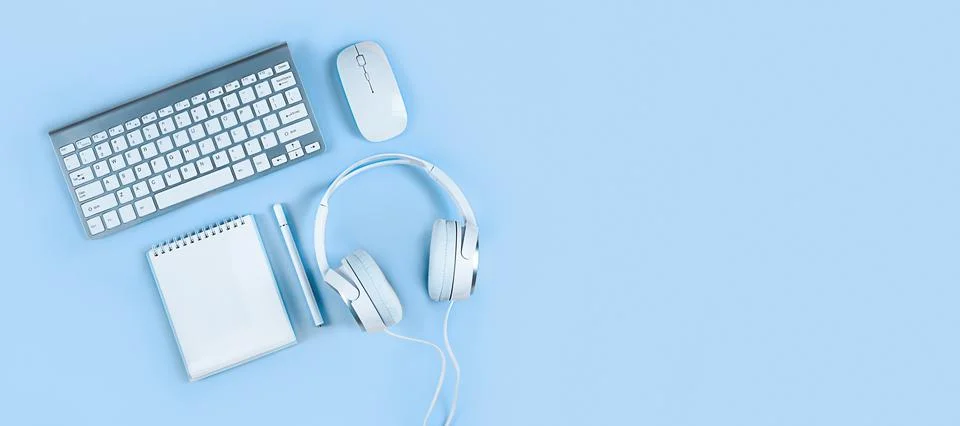 Banner on a light blue background, flat layout, home office, online education Stock Photos