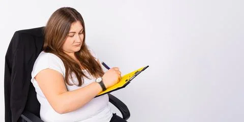 Banner, long format, light gray background. Serious plump obese fat overweigh Stock Photos