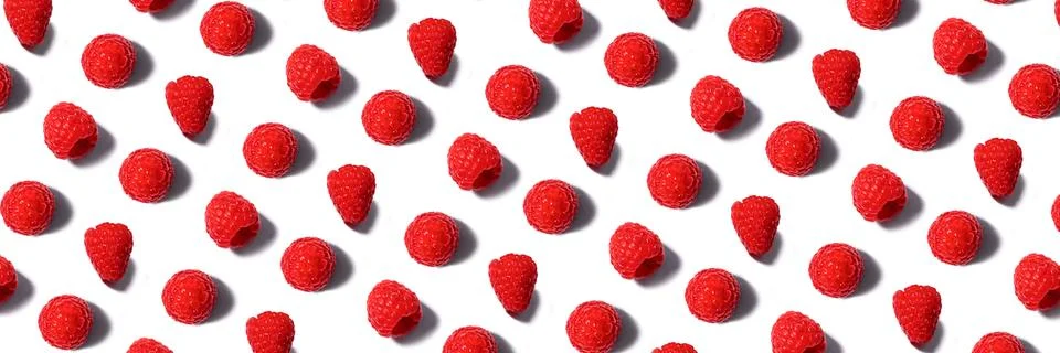 Banner made from pattern of fresh raspberry isolated on white. Stock Photos