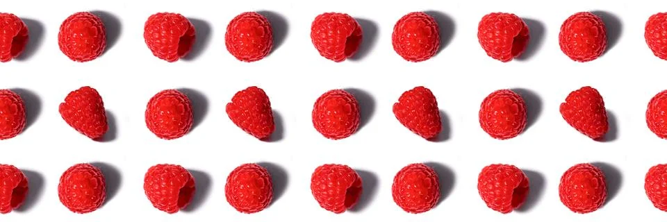Banner made from pattern of fresh raspberry isolated on white. 스톡 사진