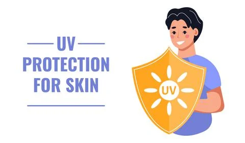 Banner with man protected by uv screen from ultraviolet light. Concept of UV pro Stock Illustration