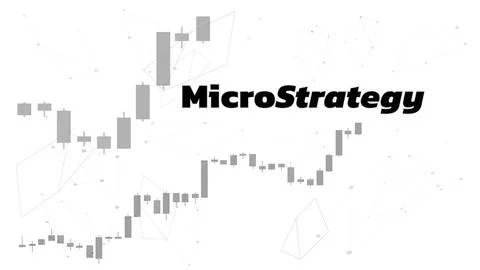 Banner MicroStrategy Incorporated with chart candles on dark blue background. Stock Illustration