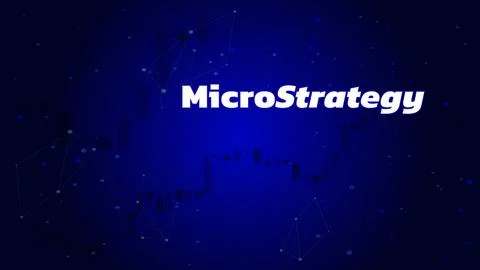 Banner MicroStrategy Incorporated with chart candles on dark blue background. Illustrazione stock