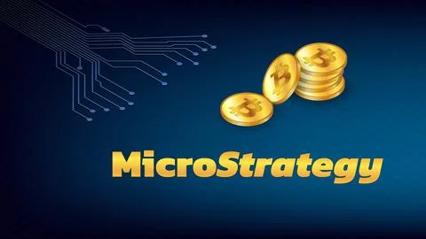 Banner MicroStrategy Incorporated with stack of isometric golden coins BTC Stock Illustration