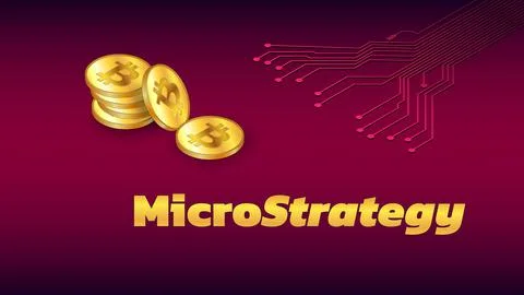 Banner MicroStrategy Incorporated with stack of isometric golden coins BTC Stock Illustration