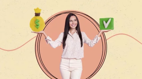 Banner motion art collage video of happy businesswoman show dollar bag checkmark Stock Footage 312316527