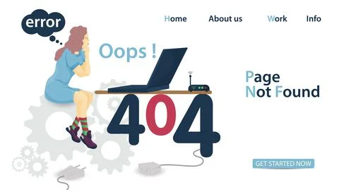 Banner oops 404 error page not found a woman sitting on gears in front of a l Stockillustratie