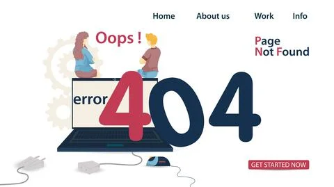 Banner oops 404 error page not found man and woman sitting on laptop with the Stockillustratie